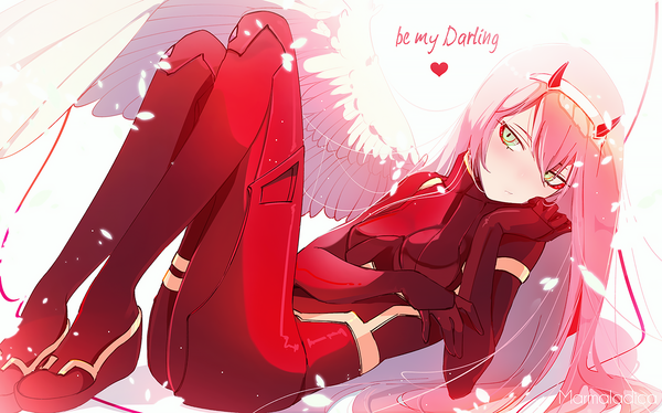 Anime picture 1333x833 with darling in the franxx studio trigger zero two (darling in the franxx) marmalade (elfless vanilla) single long hair fringe hair between eyes wide image green eyes looking away pink hair horn (horns) inscription reclining angel wings head rest single wing girl wings