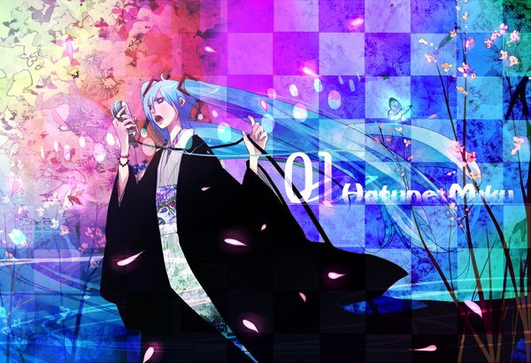 Anime picture 1041x714 with vocaloid hatsune miku shigureteki single long hair open mouth blue eyes twintails japanese clothes aqua hair wallpaper checkered singing girl petals insect butterfly microphone wire (wires)