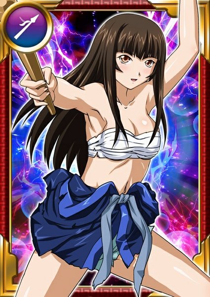 Anime picture 567x800 with ikkitousen teni single long hair tall image looking at viewer open mouth light erotic brown hair brown eyes card (medium) girl navel