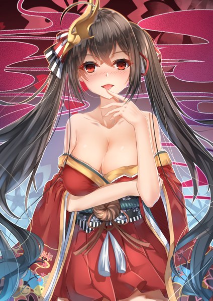 Anime picture 1157x1637 with azur lane taihou (azur lane) chahei single tall image looking at viewer blush fringe breasts open mouth light erotic black hair hair between eyes red eyes large breasts standing twintails bare shoulders payot cleavage