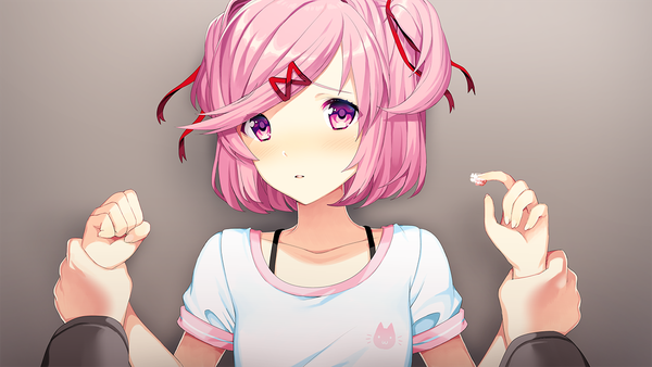 Anime picture 1280x720 with doki doki literature club natsuki (doki doki literature club) protagonist (doki doki literature club) satchely looking at viewer blush fringe short hair wide image pink hair game cg long sleeves parted lips pink eyes short sleeves two side up official alternate costume pov cute wrist grab
