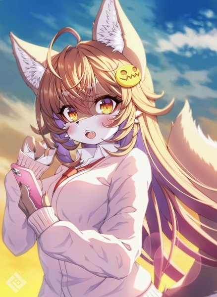 Anime picture 2108x2888 with original tsuji single long hair tall image looking at viewer blush fringe highres open mouth blonde hair hair between eyes animal ears yellow eyes sky outdoors tail long sleeves animal tail :o