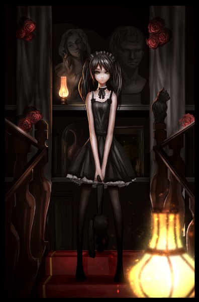 Anime picture 2889x4374 with original baka (mh6516620) single long hair tall image looking at viewer highres black hair twintails bare shoulders upper body black eyes girl dress flower (flowers) headdress rose (roses) toy stuffed animal lamp