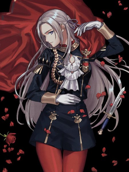 Anime picture 768x1024 with fire emblem fire emblem: three houses nintendo edelgard von hresvelg m hvmi single long hair tall image looking at viewer purple eyes silver hair lying profile on back thigh gap turning head expressionless girl gloves uniform