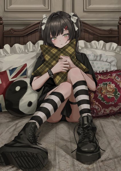 Anime picture 3036x4293 with original nadegata single tall image looking at viewer highres short hair light erotic black hair sitting twintails yellow eyes absurdres indoors pantyshot soles striped lacing knees together feet apart pillow hug