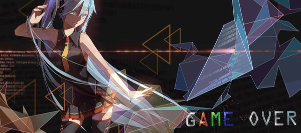 Anime picture 1512x671 with vocaloid hatsune miku momozi (mkingnight) long hair looking at viewer blush wide image twintails bare shoulders aqua eyes aqua hair dark background girl thighhighs skirt black thighhighs shirt necktie headphones