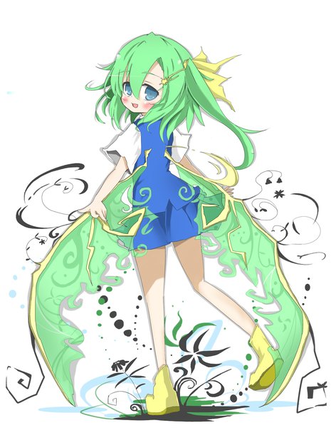 Anime picture 1200x1550 with touhou daiyousei shibainu kisetsu single long hair tall image looking at viewer blush fringe open mouth blue eyes smile hair between eyes standing white background :d looking back green hair from behind short sleeves