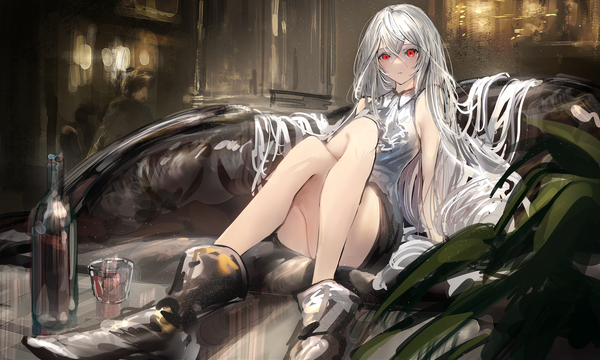 Anime picture 4096x2461 with arknights skadi (arknights) nanaponi single looking at viewer fringe highres breasts hair between eyes red eyes wide image sitting bare shoulders absurdres silver hair full body bent knee (knees) indoors very long hair blurry