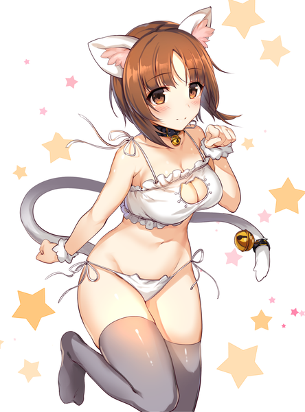 Anime picture 1111x1500 with girls und panzer nishizumi miho ikomochi single tall image blush short hair breasts light erotic brown hair large breasts brown eyes light smile no shoes underwear only groin cleavage cutout kemonomimi mode paw pose nekomimi mode