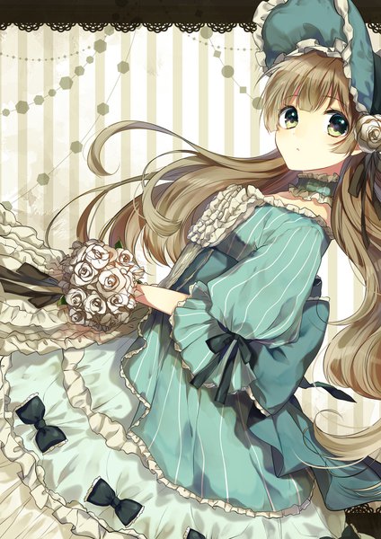 Anime picture 1202x1700 with original kaname monika single long hair tall image fringe brown hair green eyes looking away striped background girl dress flower (flowers) bow hat choker rose (roses) bouquet white rose