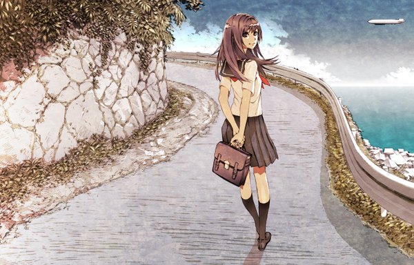 Anime picture 1423x911 with original miwa shirow single long hair brown hair brown eyes looking back girl skirt socks serafuku black socks school bag road