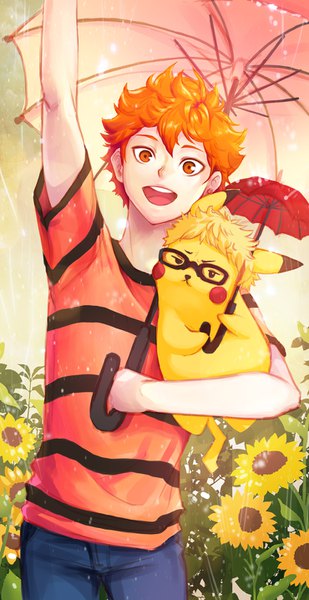 Anime picture 740x1435 with pokemon haikyuu!! nintendo production i.g pikachu hinata shouyou i-sol-e single tall image looking at viewer fringe short hair open mouth blonde hair smile standing holding outdoors arm up orange hair