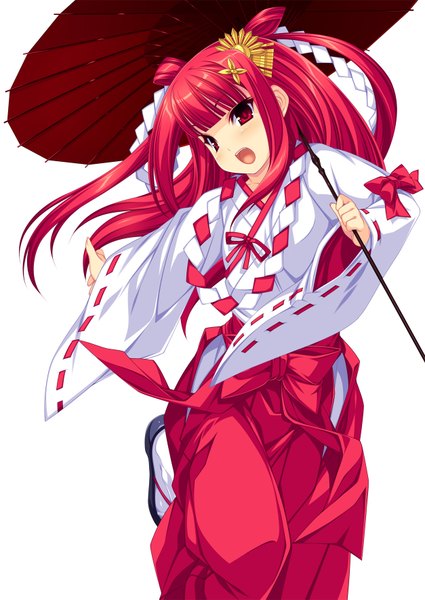 Anime picture 1254x1771 with beatmania iidx kinoshita ichi single long hair tall image blush open mouth simple background red eyes white background red hair traditional clothes miko girl umbrella