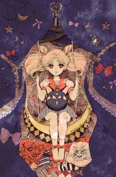 Anime picture 800x1214 with bishoujo senshi sailor moon toei animation chibiusa luna p diana t growing single tall image looking at viewer short hair red eyes sitting twintails pink hair full body pleated skirt hair bun (hair buns) short twintails girl skirt