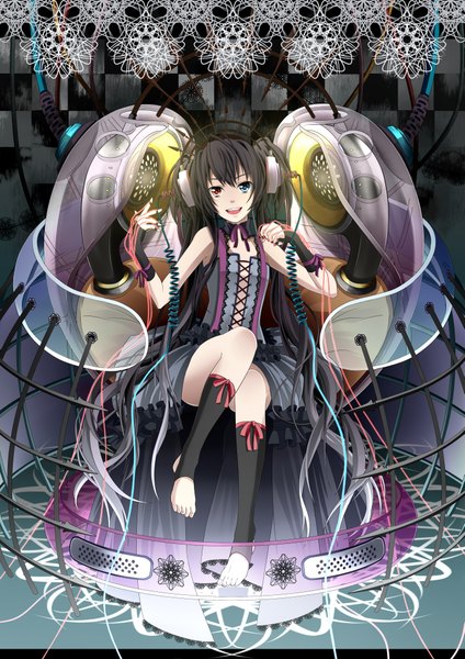 Anime picture 2893x4092 with original koshi-kun (artist) single long hair tall image highres black hair twintails heterochromia transparent checkered background girl headphones wire (wires)