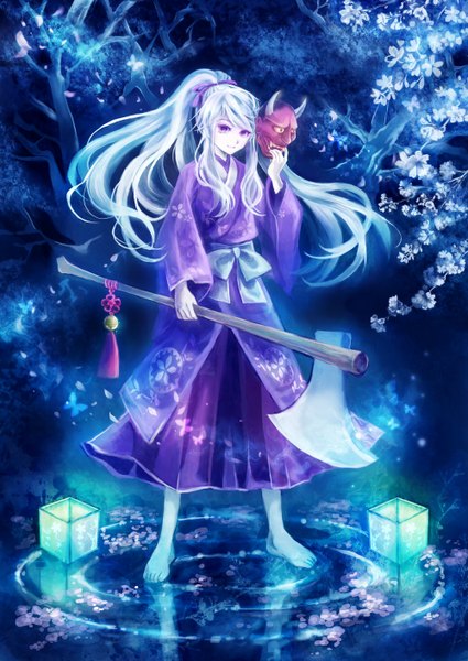 Anime picture 2000x2824 with original campanella (artist) long hair tall image highres smile purple eyes absurdres white hair ponytail japanese clothes barefoot reflection girl plant (plants) tree (trees) water belt mask axe