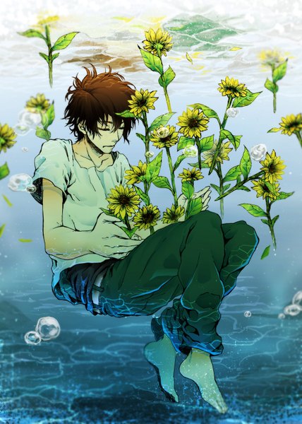 Anime picture 1000x1401 with original tagme (artist) single tall image fringe short hair brown hair eyes closed barefoot underwater boy water leaf (leaves) pants t-shirt sunflower