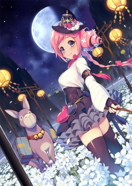 Anime picture 720x1018 with original 1000marie long hair tall image blush blue eyes pink hair night girl thighhighs dress gloves flower (flowers) black thighhighs hat petals fingerless gloves moon