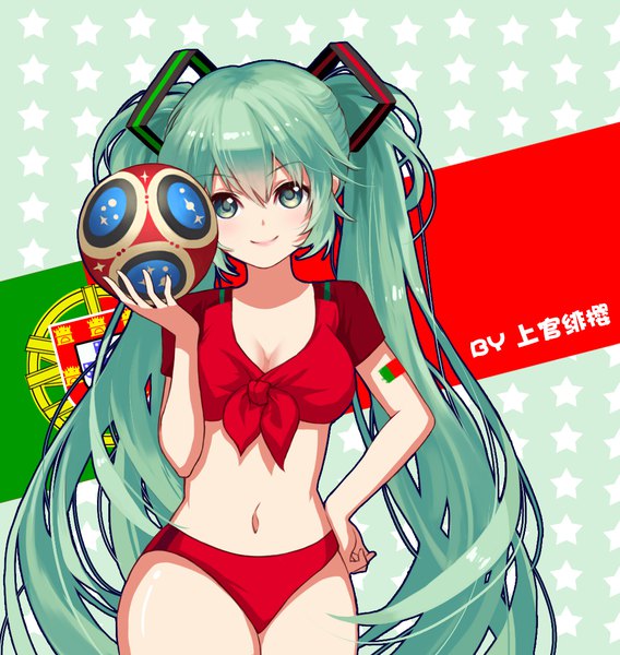 Anime picture 1104x1165 with vocaloid world cup 2018 fifa world cup hatsune miku shangguan feiying single tall image looking at viewer blush fringe breasts light erotic smile hair between eyes standing twintails holding signed cleavage very long hair