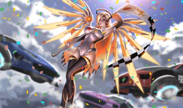 Anime picture 6778x4000 with overwatch blizzard entertainment mercy (overwatch) liang xing single long hair looking at viewer fringe highres blue eyes light erotic blonde hair wide image holding absurdres sky cloud (clouds) multicolored hair arm up blurry