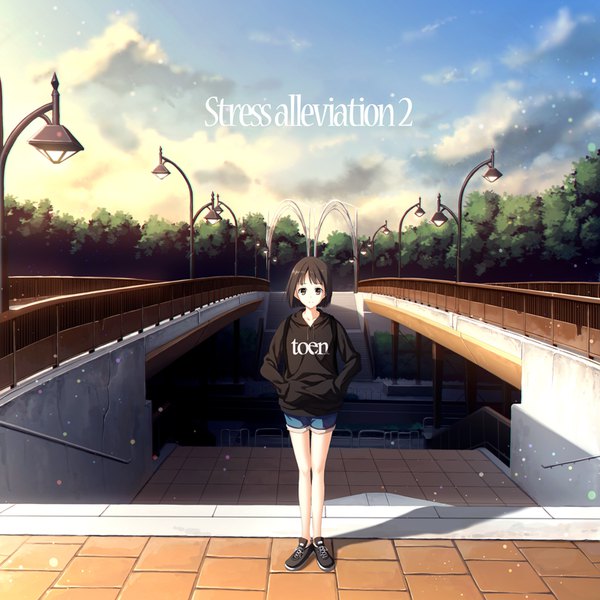 Anime picture 800x800 with original mac-kine single looking at viewer short hair black hair sky cloud (clouds) black eyes hands in pockets girl shorts short shorts bridge