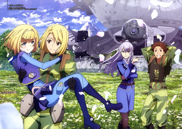 Anime picture 5162x3648 with heavy object j.c. staff milinda brantini frolaytia capistrano qwenthur barbotage havia winchell baby magnum satou takamitsu long hair looking at viewer blush fringe highres breasts blue eyes blonde hair smile hair between eyes brown hair large breasts