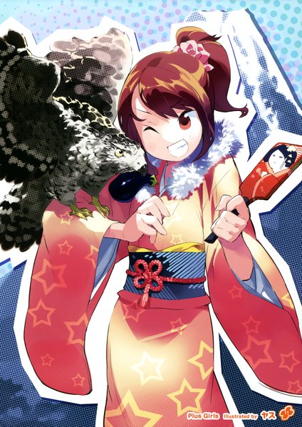 Anime picture 2543x3600 with girls, girls, girls! 11 (artbook) yasu single long hair tall image highres red eyes brown hair ponytail traditional clothes japanese clothes one eye closed wink scan official art bird on hand girl animal kimono bird (birds)