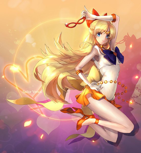Anime picture 1000x1089 with bishoujo senshi sailor moon toei animation aino minako sailor venus nal (artist) single long hair tall image looking at viewer blue eyes blonde hair legs hand on hip half updo girl gloves bow hair bow elbow gloves