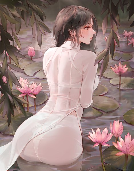 Anime picture 3200x4096 with original chowbie single long hair tall image highres light erotic black hair standing payot looking away absurdres outdoors ass traditional clothes profile from behind grey eyes leaning partially submerged