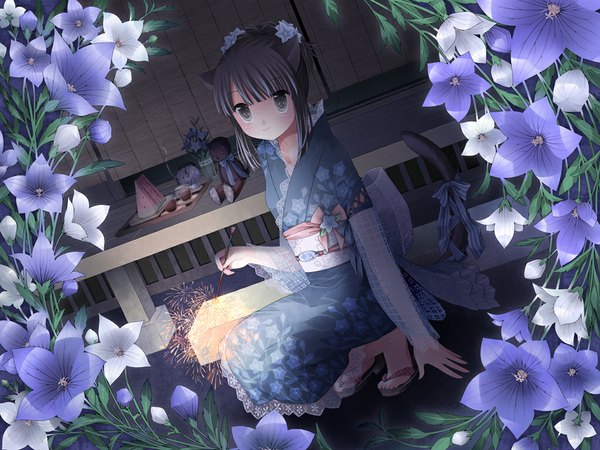 Anime picture 1024x768 with original kanzaki miku kuroinu short hair japanese clothes cat girl fireworks girl flower (flowers) ribbon (ribbons) kimono doll (dolls)