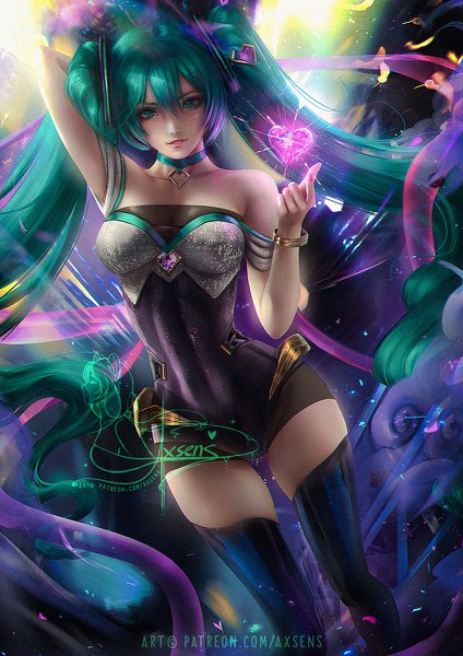 Anime picture 848x1200 with league of legends vocaloid k/da (league of legends) hatsune miku ahri (league of legends) k/da ahri axsen single long hair tall image looking at viewer fringe breasts light erotic hair between eyes twintails bare shoulders signed parted lips arm up