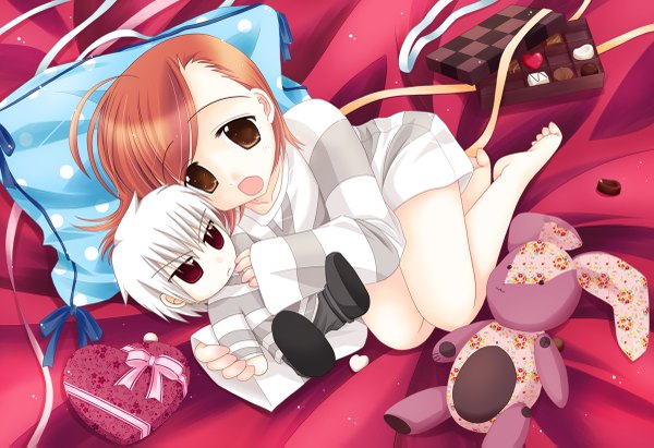 Anime picture 1200x823 with to aru majutsu no index j.c. staff accelerator last order short hair brown eyes orange hair loli checkered girl food heart sweets pillow toy stuffed animal gift bunny chocolate doll (dolls)