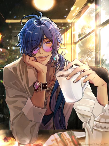 Anime picture 1500x2000 with genshin impact kaeya alberich tapi single long hair tall image looking at viewer fringe purple eyes holding blue hair hair over one eye alternate costume low ponytail chin rest boy earrings bracelet window sunglasses