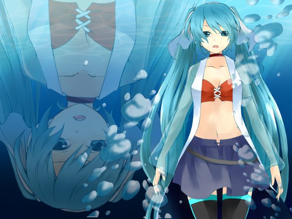 Anime picture 1200x900 with vocaloid hatsune miku kanna (chaos966) single long hair twintails aqua eyes aqua hair underwater zoom layer girl skirt navel miniskirt bubble (bubbles)