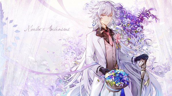 Anime picture 1700x955 with fate (series) fate/grand order merlin (fate) bai qi-qsr single looking at viewer fringe smile hair between eyes wide image standing holding silver hair ahoge very long hair pink eyes character names boy gloves flower (flowers)