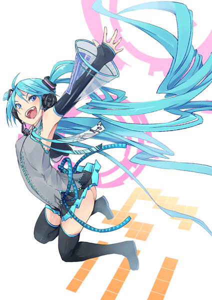 Anime picture 827x1169 with vocaloid hatsune miku fu-ta single long hair tall image looking at viewer blush fringe open mouth blue eyes light erotic twintails blue hair ass pleated skirt armpit (armpits) happy spread arms jumping
