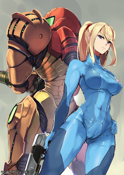 Anime picture 709x1001 with metroid samus aran ario single long hair tall image looking at viewer breasts blue eyes light erotic simple background blonde hair large breasts signed ponytail grey background from below hand on hip dated cameltoe