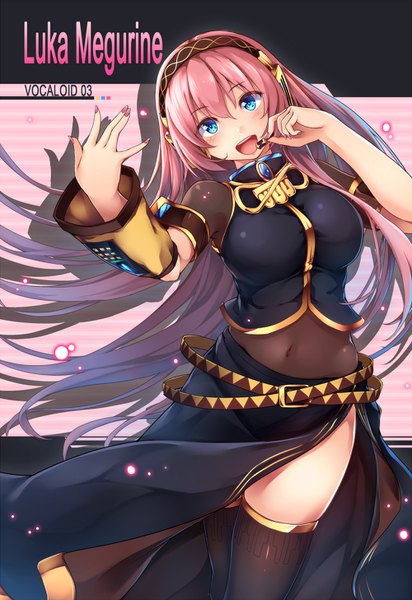 Anime picture 1000x1456 with vocaloid megurine luka bit (keikou syrup) single long hair tall image blush fringe breasts open mouth blue eyes hair between eyes large breasts pink hair nail polish shadow character names outstretched arm covered navel side slit