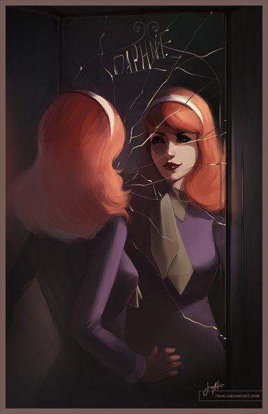 Anime picture 725x1120 with scooby-doo daphne anne blake (scooby-doo) tsuaii single long hair tall image lips black eyes orange hair realistic reflection girl dress necktie mirror