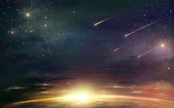 Anime picture 1680x1050 with original yun laurant wide image cloud (clouds) night sky evening sunset horizon landscape meteor rain star (stars)