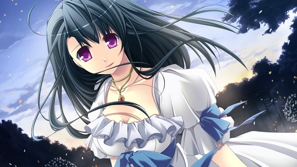 Anime picture 1280x720 with end sleep single long hair looking at viewer black hair wide image purple eyes game cg sky cloud (clouds) girl dress bow pendant