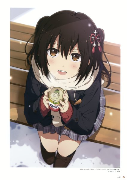 Anime picture 2479x3500 with kantai collection milky been! (ogipote) - kancolle "heroine" eshuu sendai light cruiser ogipote single tall image looking at viewer fringe highres short hair open mouth smile hair between eyes brown hair sitting brown eyes outdoors :d from above scan