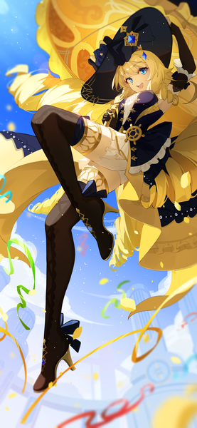 Anime picture 2080x4508 with genshin impact navia (genshin impact) qi di xiong single long hair tall image looking at viewer highres breasts open mouth blue eyes light erotic blonde hair smile sky cloud (clouds) full body bent knee (knees) outdoors :d