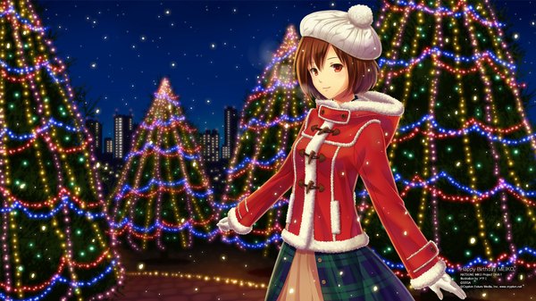 Anime picture 1920x1080 with project diva f vocaloid meiko asami (undoundo) single highres short hair red eyes brown hair wide image night snowing winter exhalation girl gloves jacket cap christmas tree