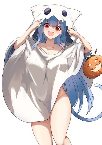 Anime picture 4093x5787 with virtual youtuber plivyou shikai yue namako (namacotan) single long hair tall image looking at viewer highres breasts open mouth light erotic simple background smile red eyes large breasts white background animal ears blue hair absurdres