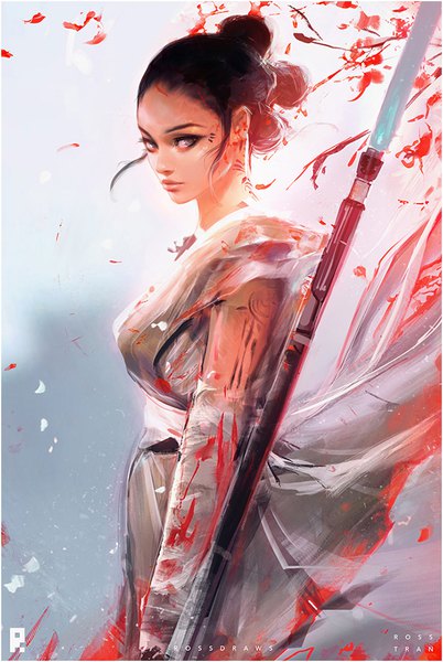 Anime picture 650x969 with star wars star wars: the force awakens rey (star wars) rossdraws (ross tran) single tall image looking at viewer short hair black hair standing signed upper body wind realistic grey eyes hair bun (hair buns) bloody clothes girl weapon blood