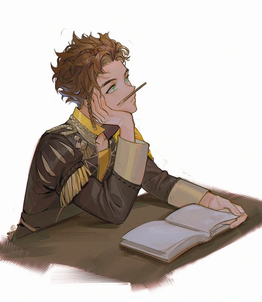 Anime picture 1738x2000 with fire emblem fire emblem: three houses nintendo claude von riegan alzi xiaomi single tall image highres short hair simple background brown hair white background green eyes looking away upper body long sleeves head rest boy book (books) pencil