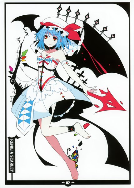Anime-Bild 2885x4035 mit touhou remilia scarlet ideolo single tall image highres short hair red eyes blue hair barefoot scan alternate costume character names border bat wings girl dress weapon hat wings