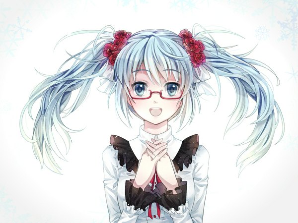 Anime picture 1024x768 with momoko (momoko14) single long hair looking at viewer blush open mouth blue eyes smile white background twintails blue hair happy girl dress uniform bow glasses