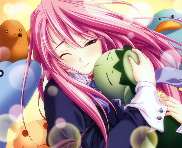 Anime picture 2868x2327 with miyama zero single long hair highres smile pink hair one eye closed pink eyes wink girl toy stuffed animal